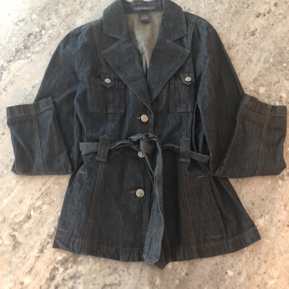 French Cuff Jackets & Blazers - French Cuff Belted Denim Jacket Dark Wash